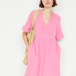 Pink Gauze Swing V-Neck Dress